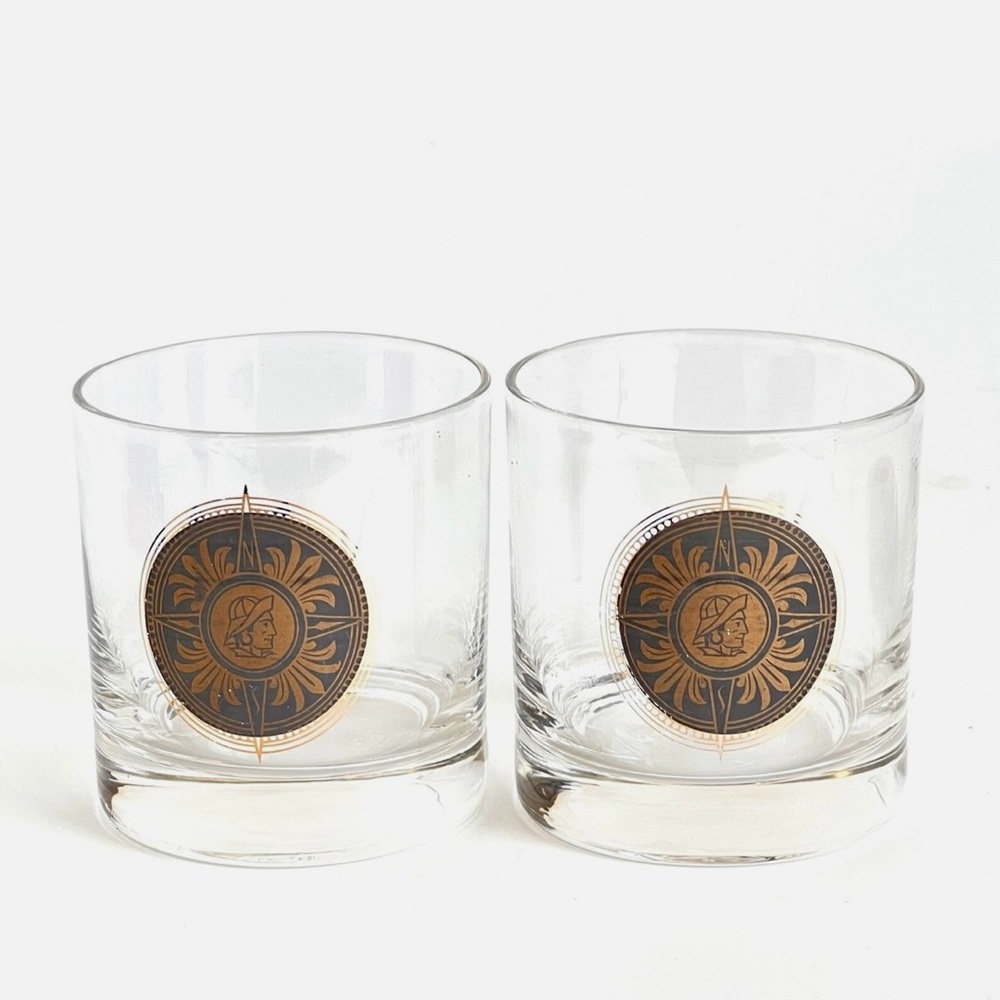 Set of 8 MCM Vintage Starkist Gold and Black Tiki LowBall Whiskey Glass